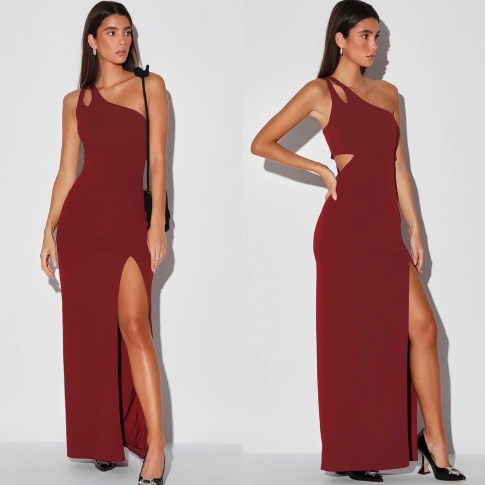 Lulus Simply Beautiful Burgundy One-Shoulder Cutout Maxi Dress Size M